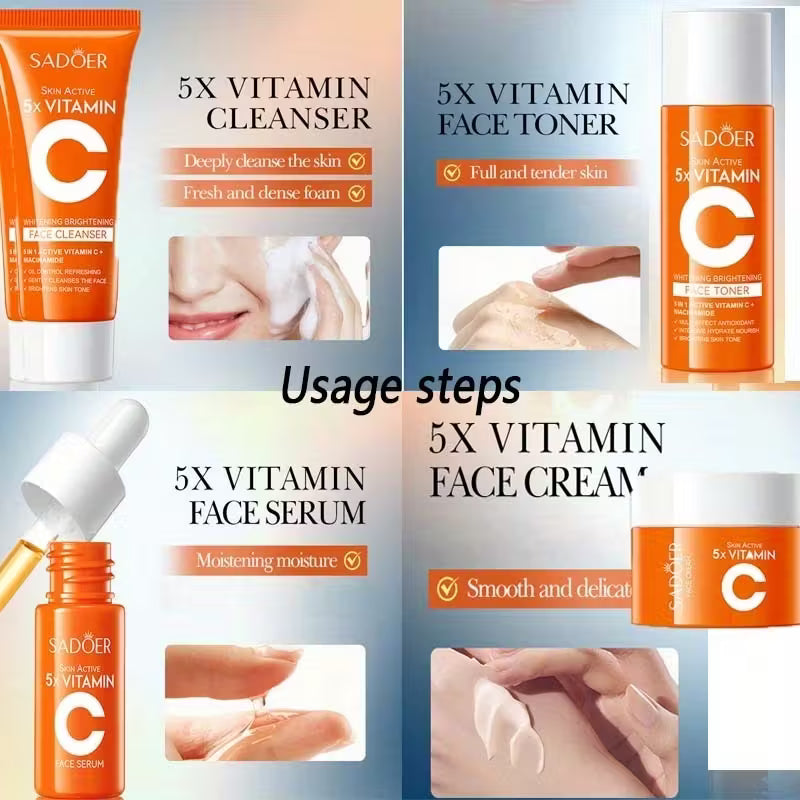 Vitamin C Travel Set, 4 Pieces - Lotion, Cream and Cleanser for Hydration and Facial Cleansing